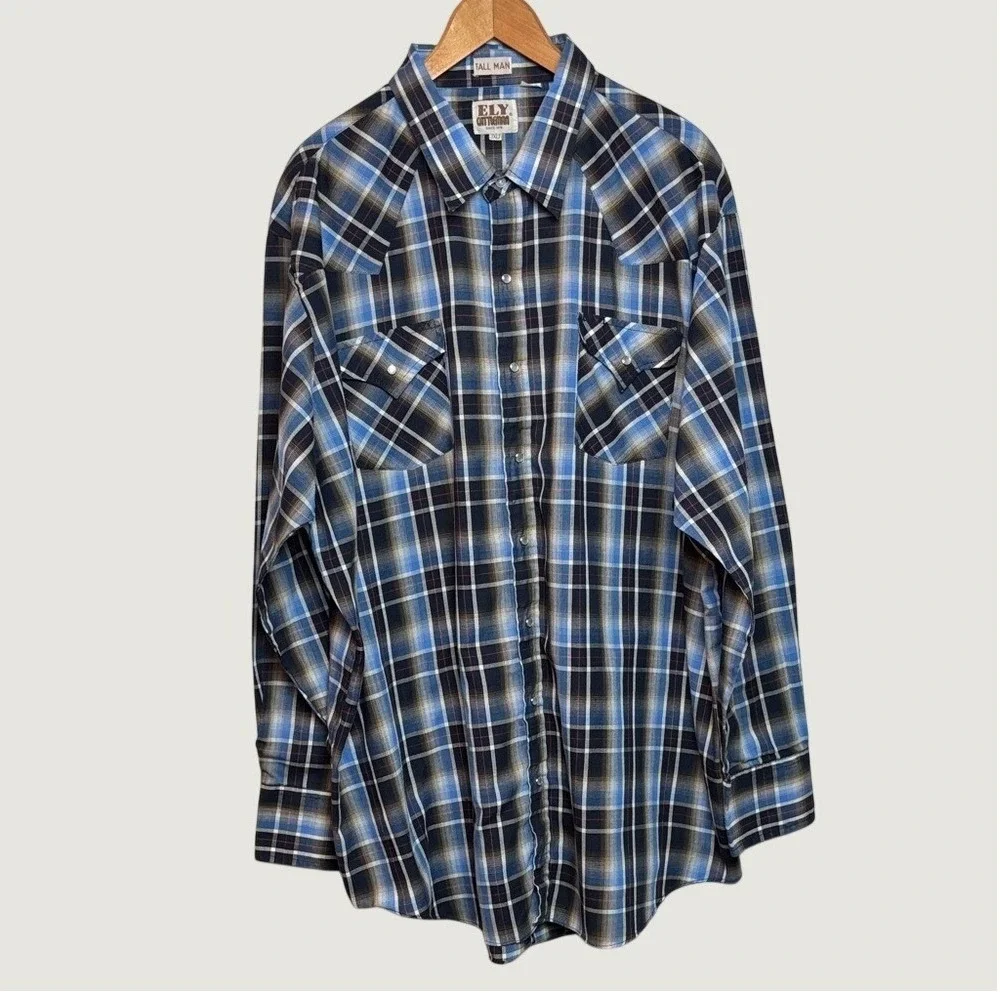 VTG Ely Cattleman Men's Long Sleeve Tall Pearl Snap Shirt Blue Plaid‎ 3XLT